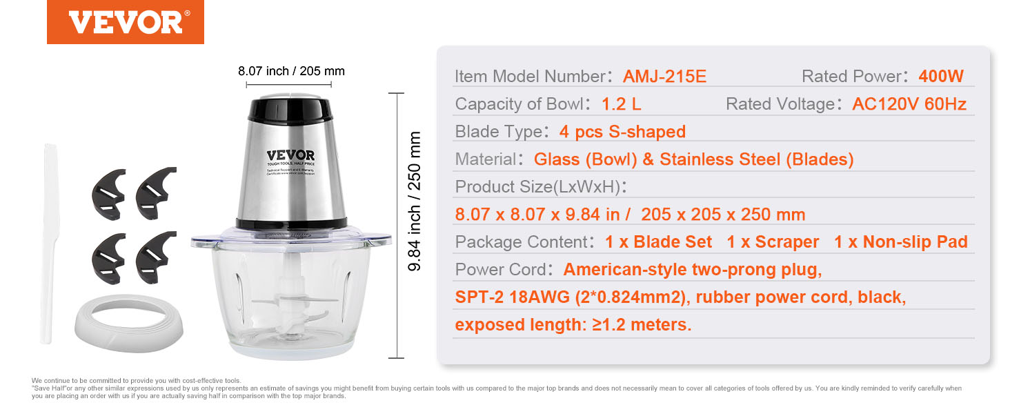 VEVOR electric food processor with 1.2l glass bowl, 400w power, 4 s-shaped blades, and accessories.