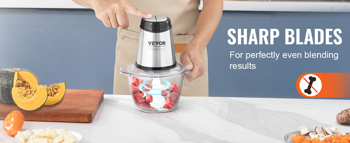 VEVOR Food Processor, Electric Meat Grinder with 4-Wing Stainless Steel Blades, 8 Cup+5 Cup Two Bowls, 400W Electric Food Chopper, 2 Speeds Food