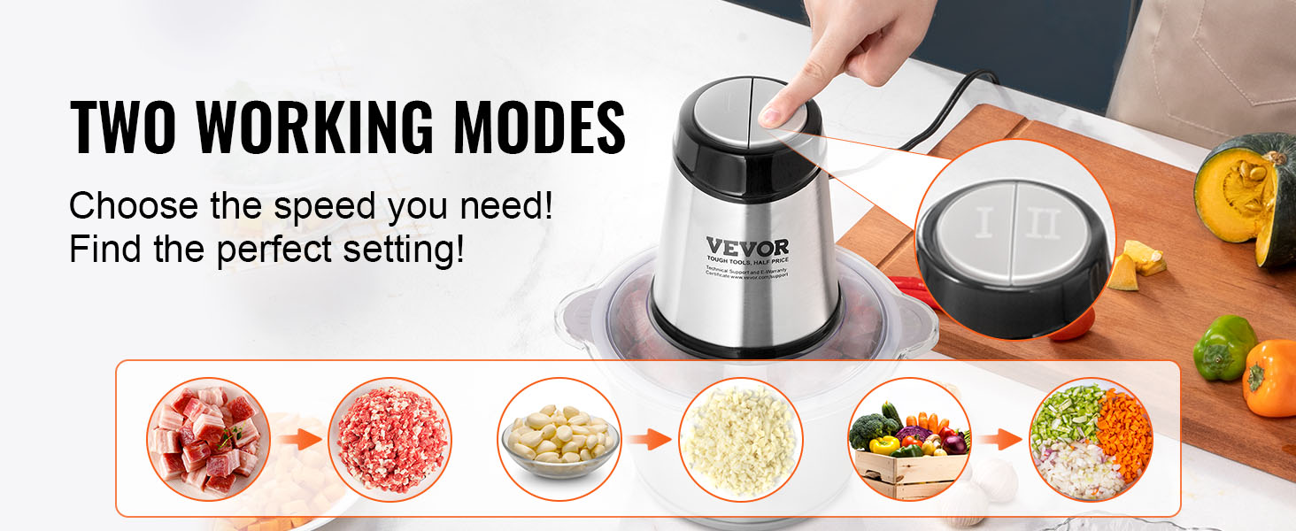 VEVOR Food Processor, Electric Meat Grinder with 4 Stainless Steel Blades, 400W Electric Food Chopper, 5 Cup Glass Bowl, 2 Speeds Food Grinder for