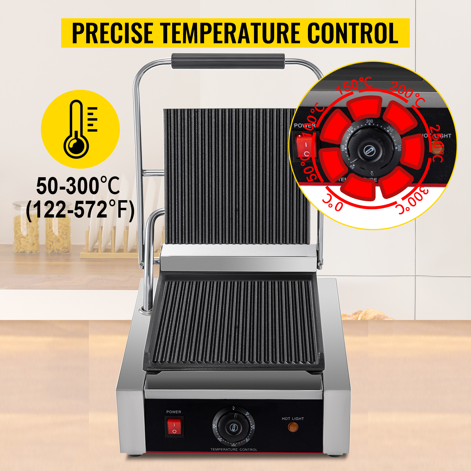 VEVOR Commercial Sandwich Panini Press Grill, 2X1800W Double Flat Plates  Electric Stainless Steel Sandwich Maker, Temperature Control 122°F-572°F  Non Stick Surface for Hamburgers Steaks Bacons.