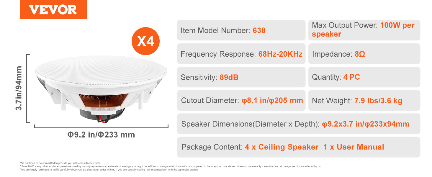 Ceiling speakers,8 inch,100-watts