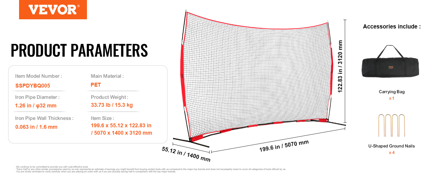 VEVOR barricade net with carrying bag and u-shaped ground nails, specifications highlighted.