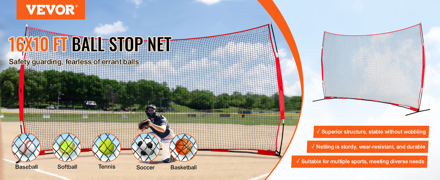 VEVOR barricade net for baseball, softball, tennis, soccer, and basketball. 16x10 ft ball stop net.