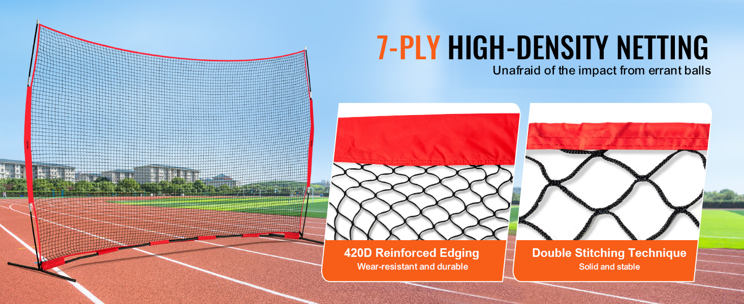 7-ply high-density VEVOR barricade net with 420d reinforced edging and double stitching on a track field.