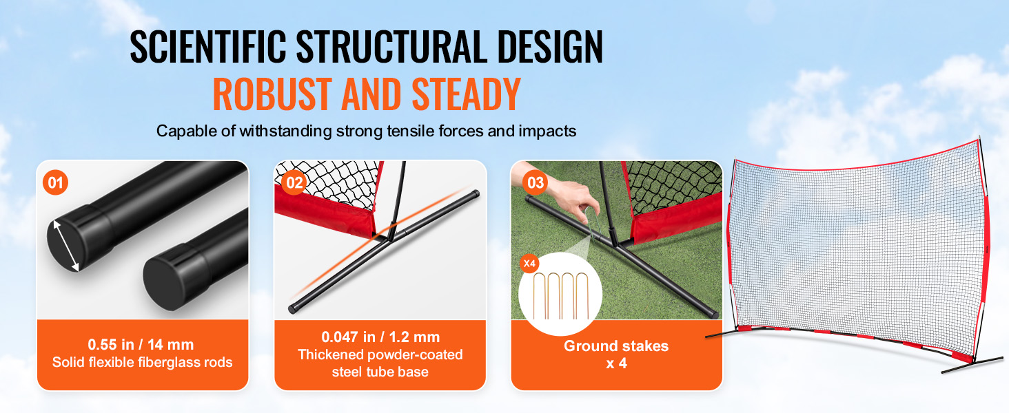 VEVOR barricade net: scientific design, sturdy fiberglass rods, steel tube base, and ground stakes.