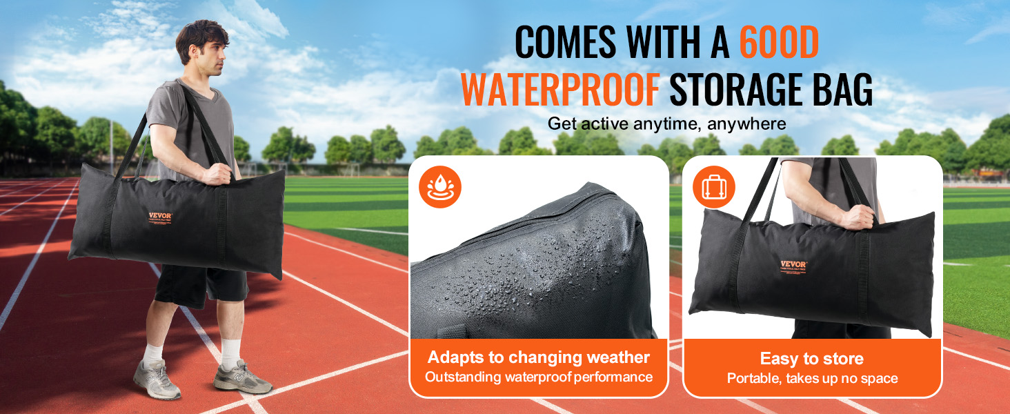 VEVOR barricade net comes with a 600d waterproof storage bag, ideal for all weather and storage needs.