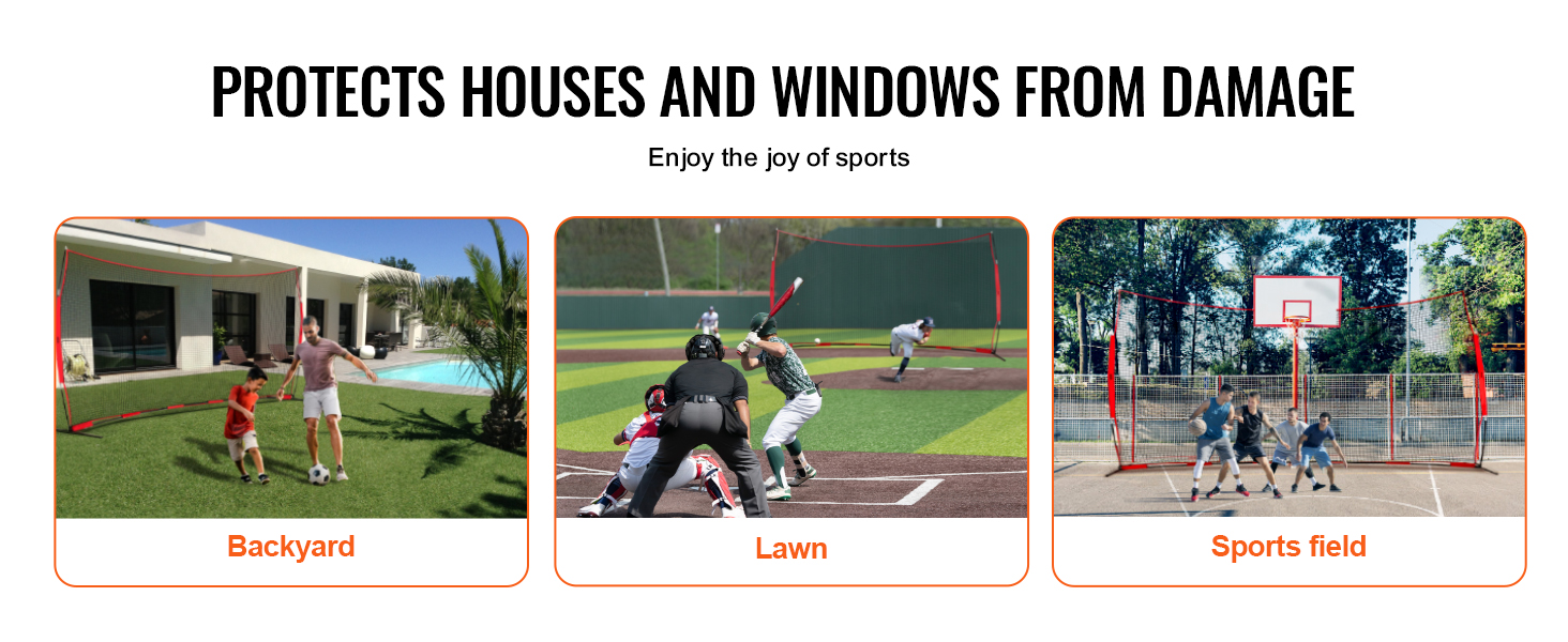 VEVOR barricade net protecting backyard, lawn, and sports field, promoting safe sports activities.