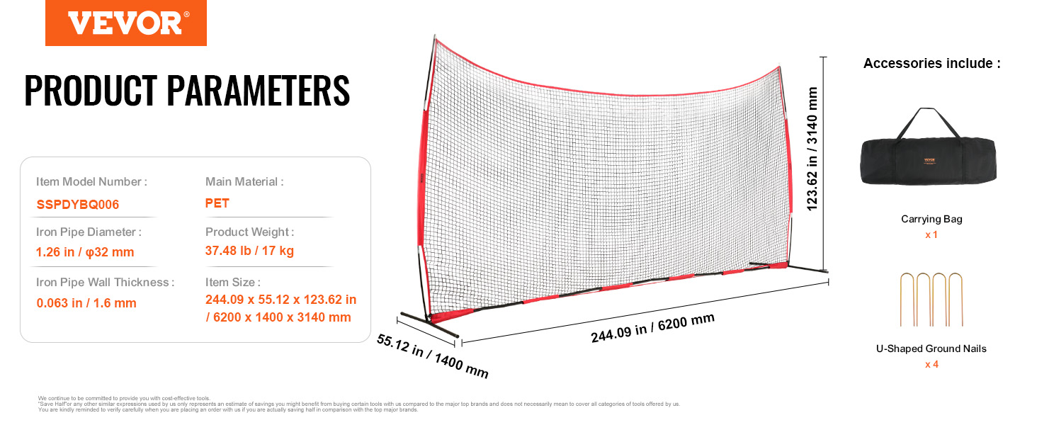 VEVOR backstop net, 6200 x 1400 x 3140 mm pet material, includes carrying bag and ground nails.