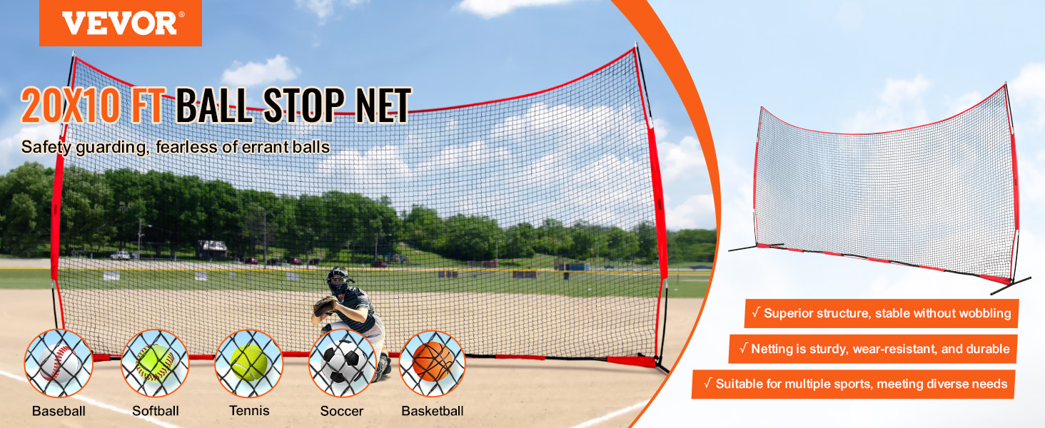 VEVOR backstop net: 20x10 ft, durable and wear-resistant, ideal for baseball, softball, tennis, soccer, basketball.