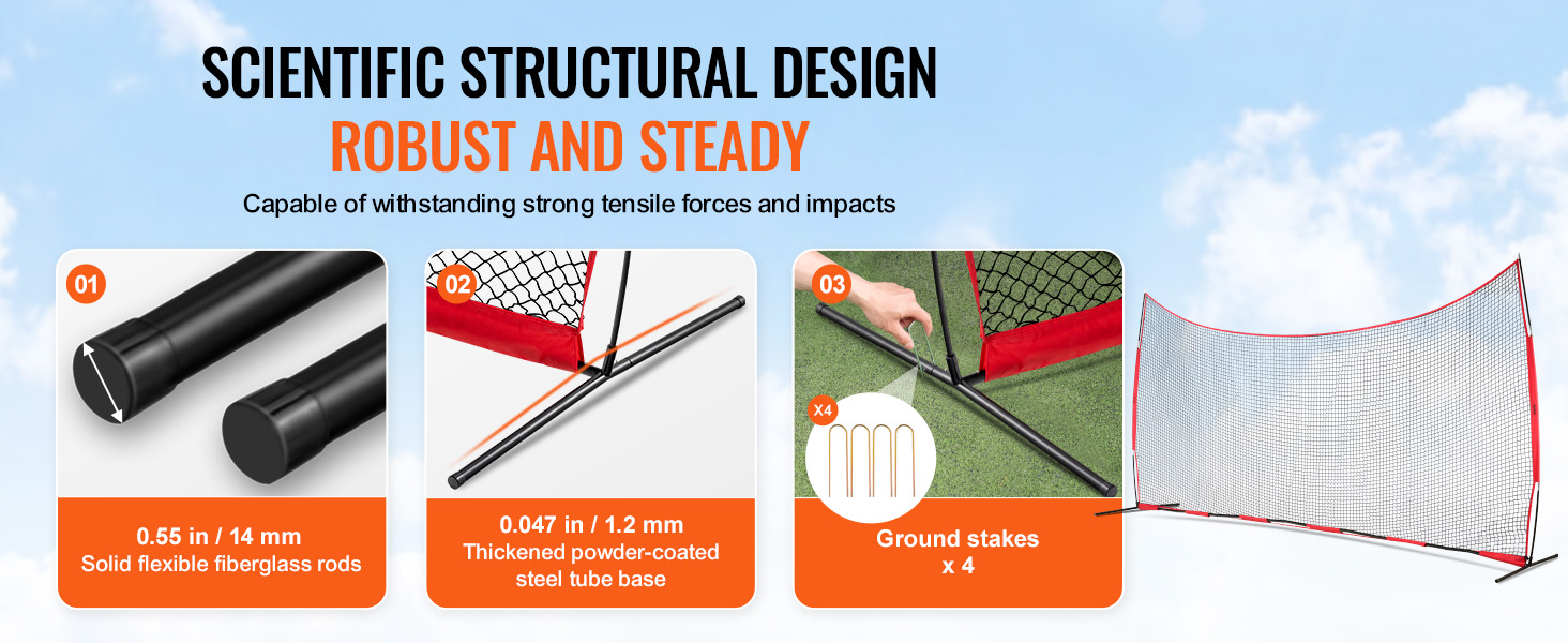 scientific structural design of VEVOR backstop net, with flexible fiberglass rods, steel tube base, and ground stakes.