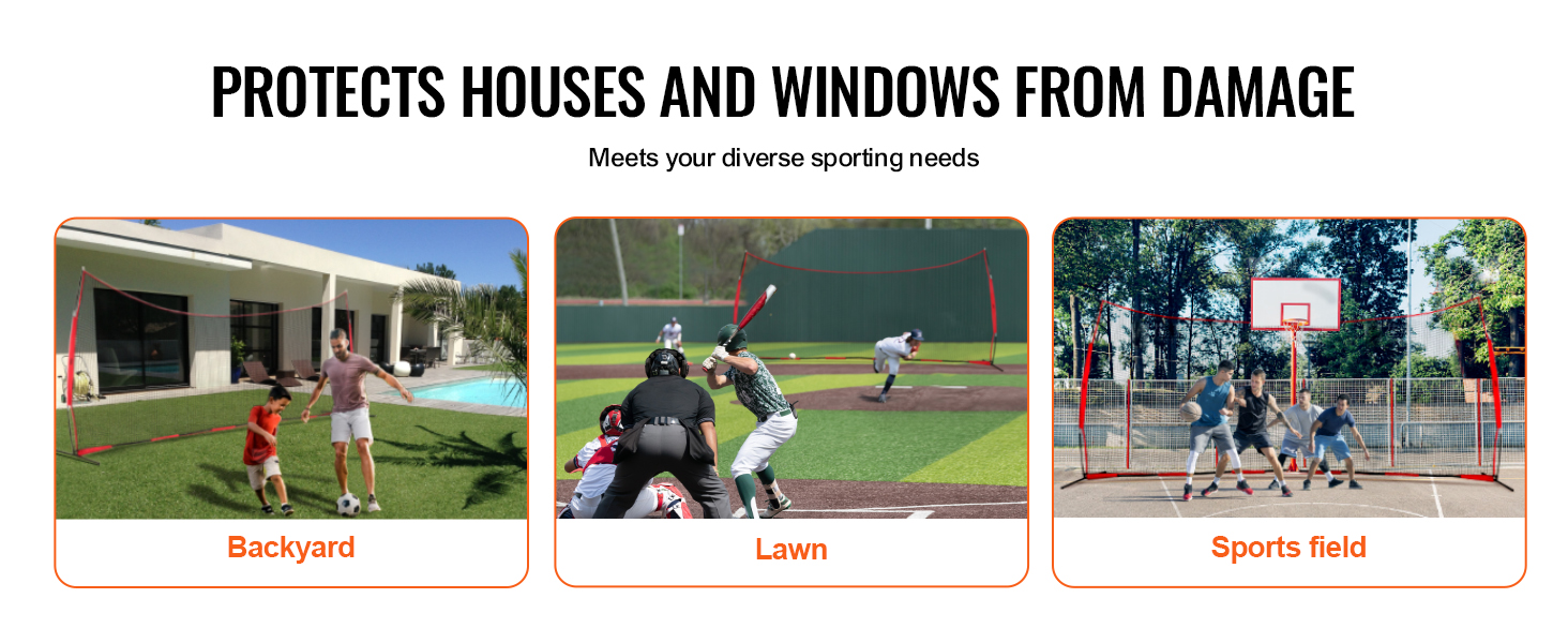 VEVOR backstop net protecting houses and windows in backyard, lawn, and sports field scenarios.