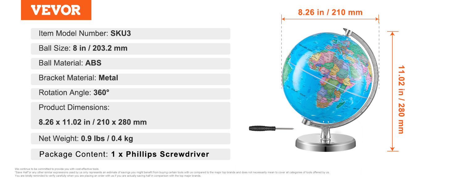 VEVOR otočný glóbus se stojánkem, 8 palců/203,2 mm, výukový geografický glóbus s materiálem ABS s přesným časovým pásmem, 360° rotující glóbus pro děti Děti se učí zeměpis v učebně