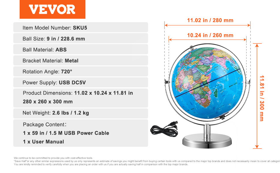 VEVOR Illuminated World Globe with Stand, 9 in/228.6 mm, Educational ...