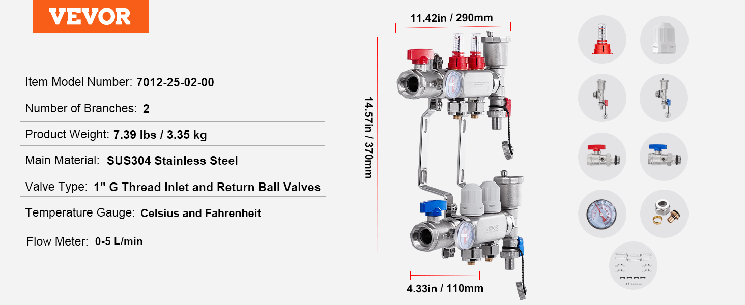 Collecteur Chauffage Radiant VEVOR 7012-25-06-00 - 6 Branches, Acier Inox 304, Vannes 1 Pouce, Débit 5 L/min - Pour Plancher Chauffant - 4