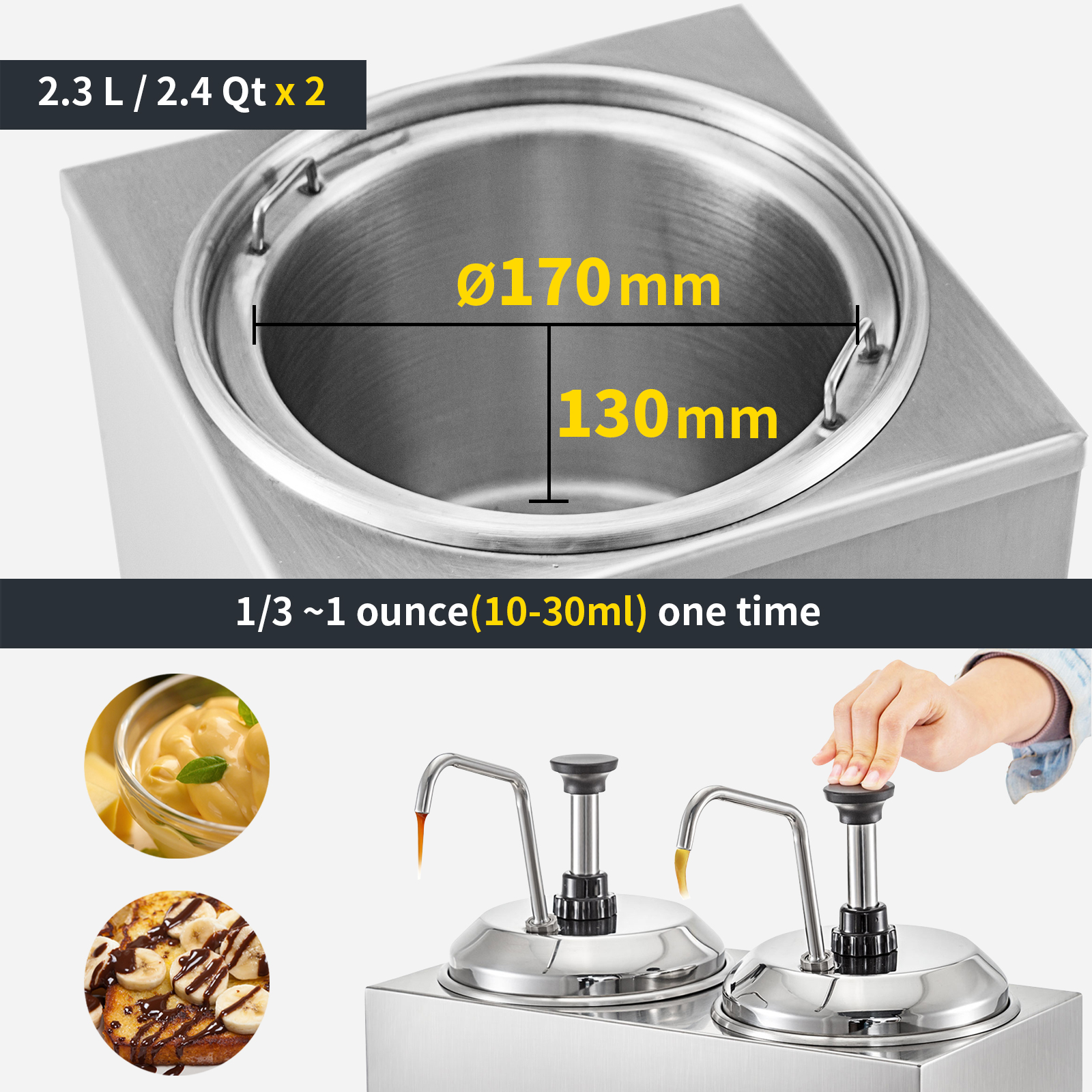 VEVOR 5.2Qt Nacho Cheese Dispenser with Pump Hot Fudge Caramel Warmer Stainless Steel, Size: 7.9, Silver