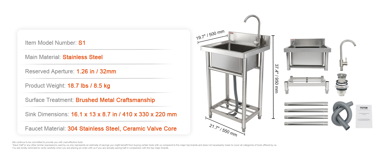 VEVOR Stainless Steel Utility Sink, 1 Compartment Free Standing Small ...