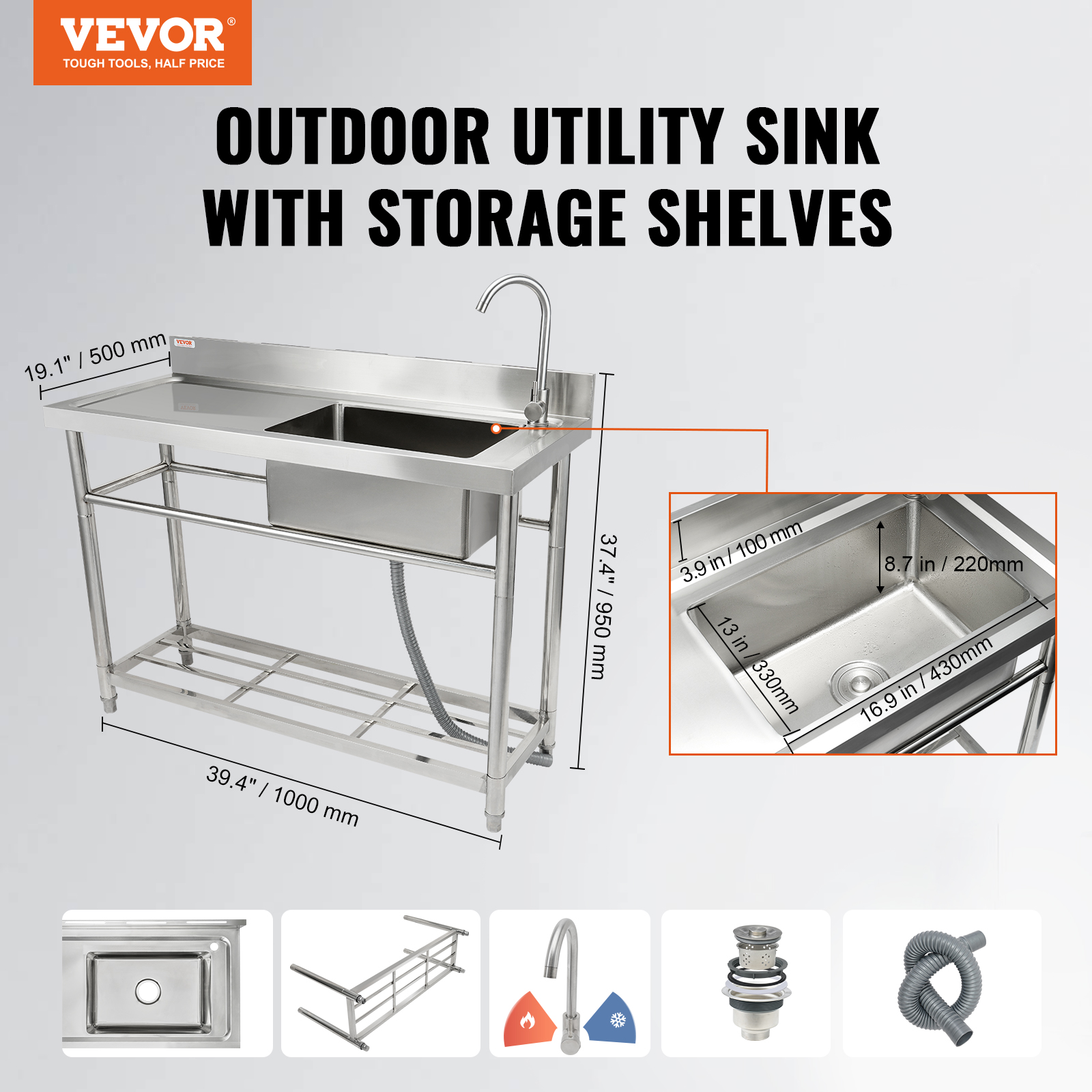 VEVOR Stainless Steel Commercial Utility Prep Sink Single Bowl w/Workbench