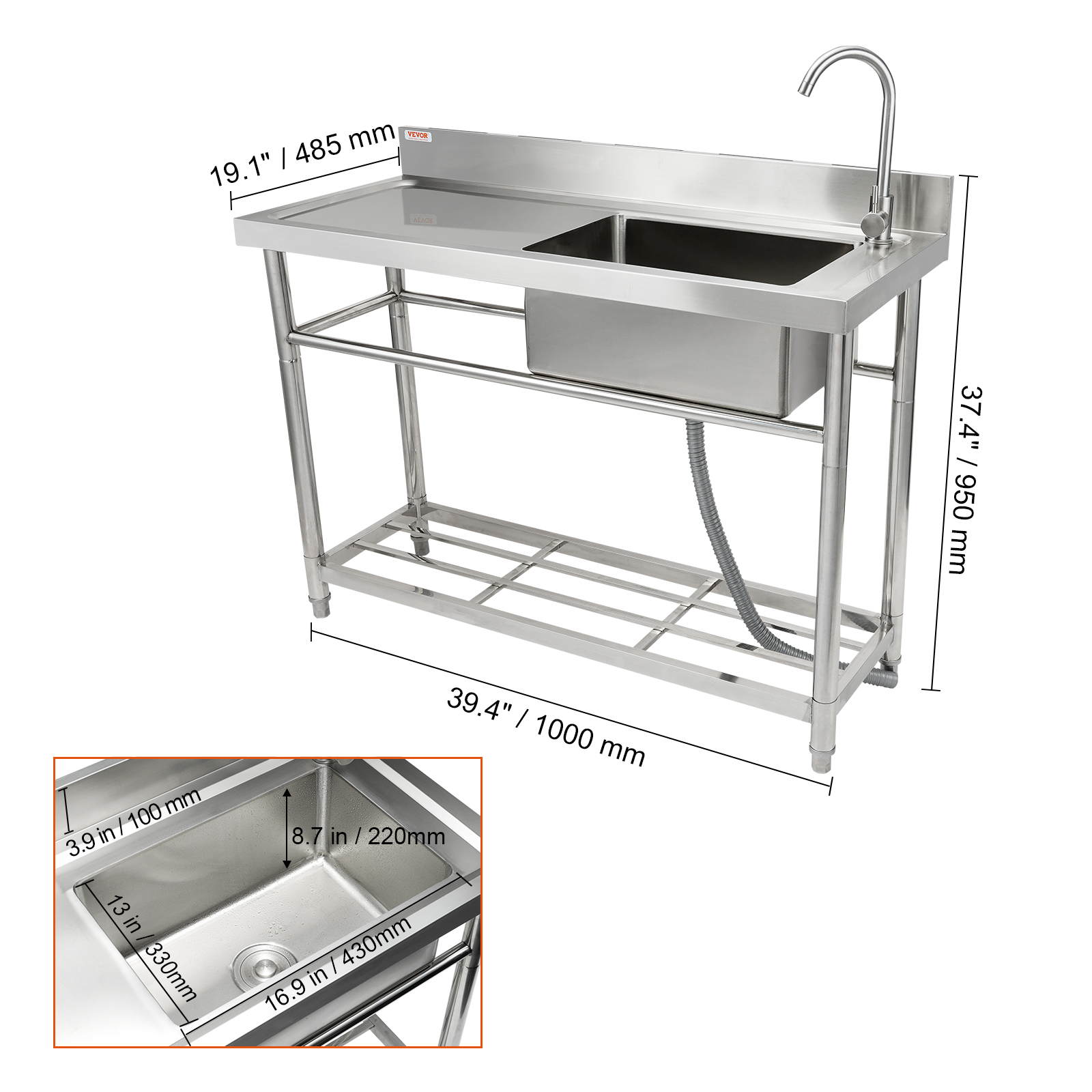 Mophorn Stainless Steel Utility Sink, Free Standing Single Bowl ...