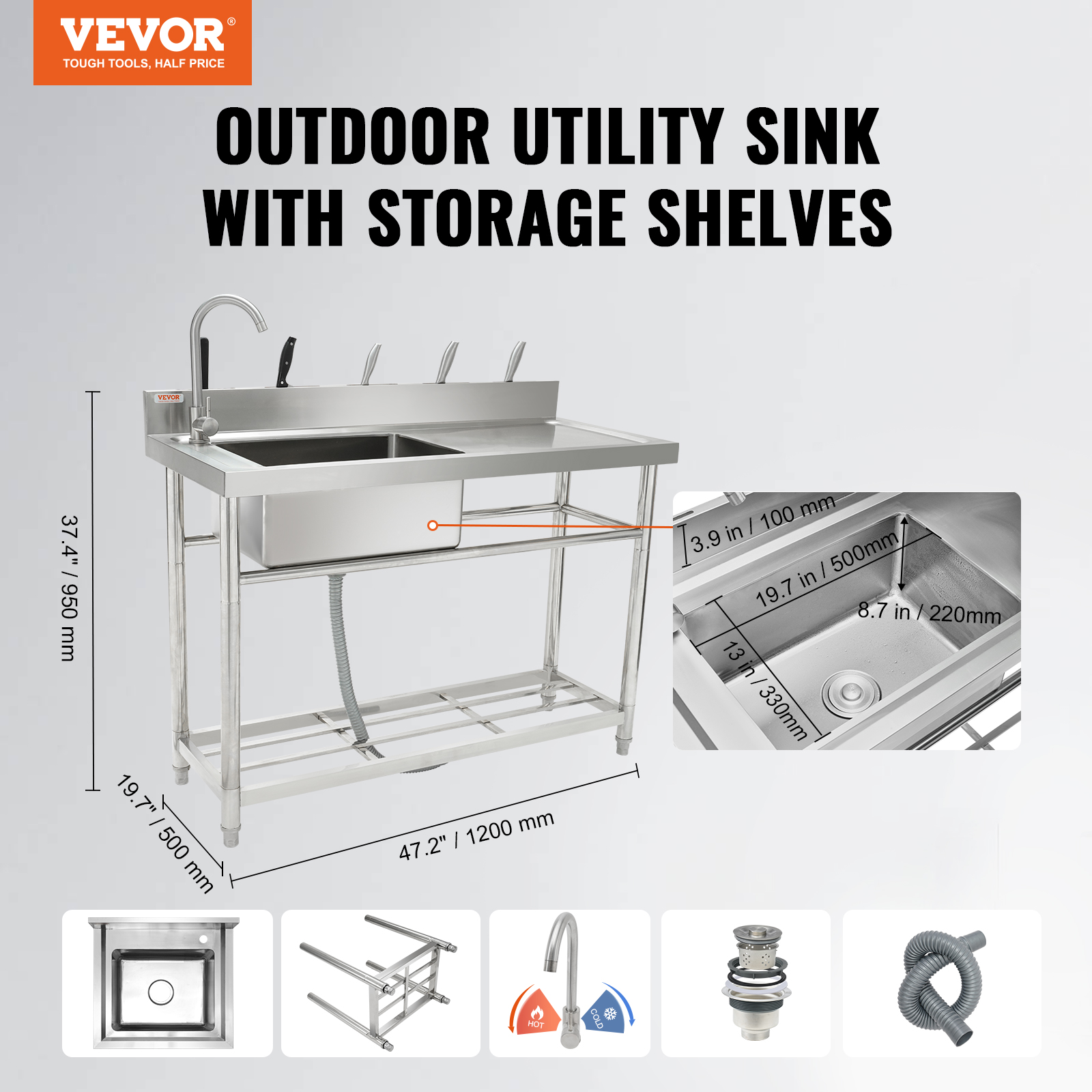 VEVOR Stainless Steel Commercial Utility Prep Sink Single Bowl w/Workbench