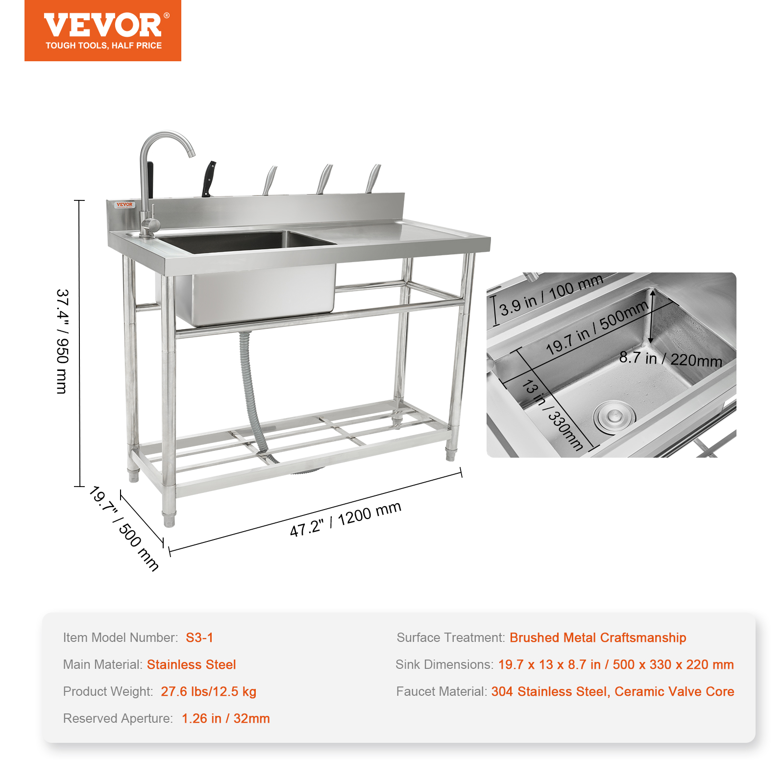 VEVOR Stainless Steel Commercial Utility Prep Sink Single Bowl w/Workbench