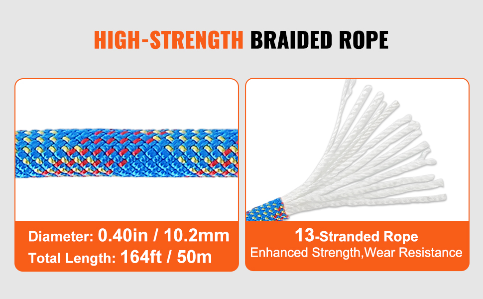 VEVOR 10.2mm Dynamic Climbing Rope, 50M(164ft) Outdoor Rock Climbing ...