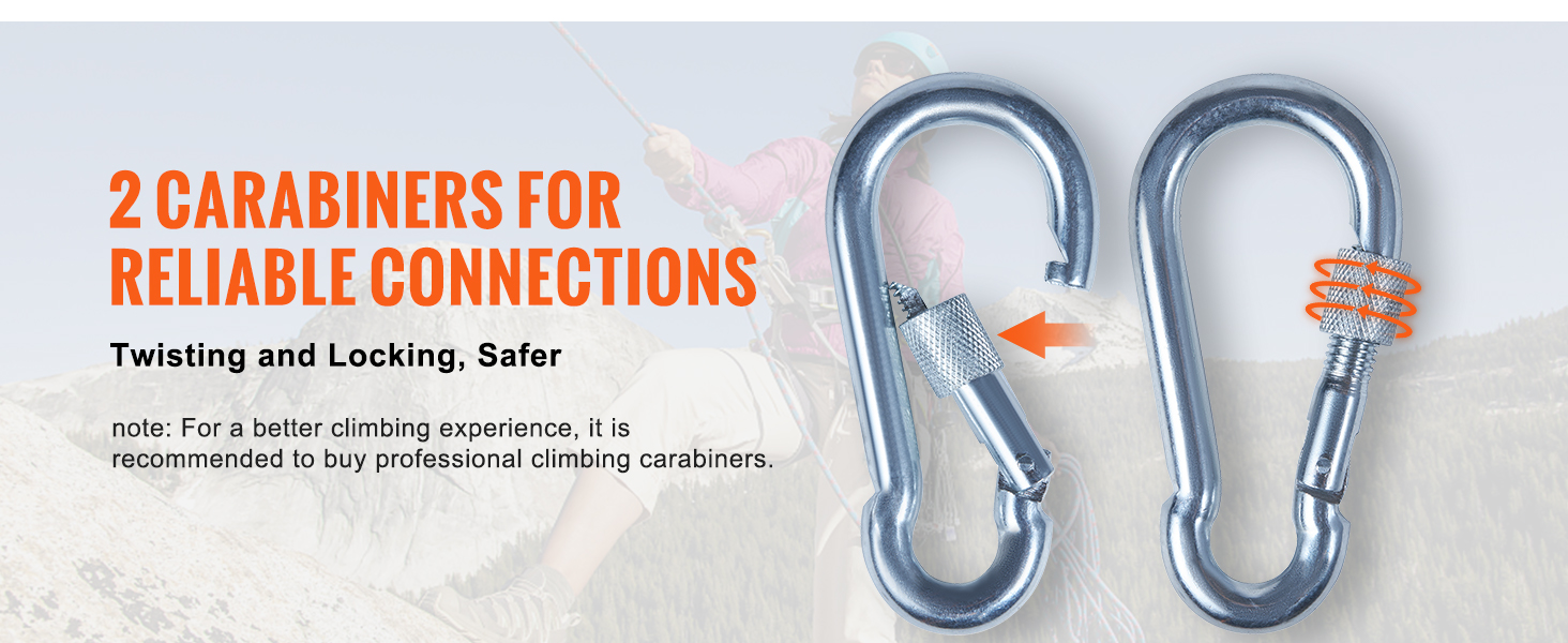 VEVOR Static Climbing Rope, 32 ft Outdoor Rock Climbing Rope with 26KN Breaking Tension, 0.4'' /10 mm High Strength Safety Rope, Escape Rope with 2pcs Carabiner and Storage Bag