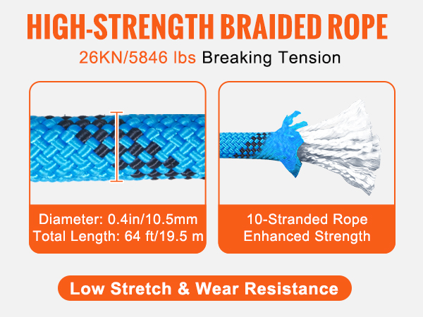 VEVOR Static Climbing Rope, 64 ft Outdoor Rock Climbing Rope with 26KN  Breaking Tension, 0.4'' /10mm High Strength Safety Rope, Escape Rope with  2pcs Carabiner and Storage Bag
