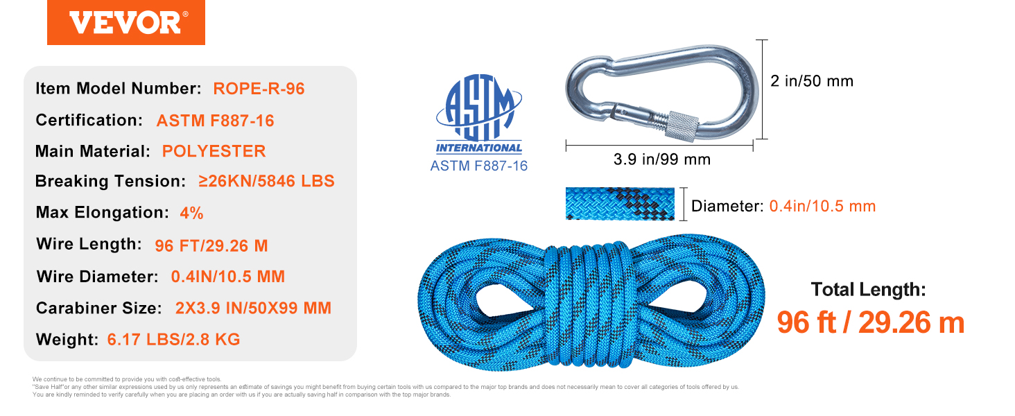 VEVOR Static Climbing Rope, 96 ft Outdoor Rock Climbing Rope with 26KN Breaking Tension, 0.4'' /10mm High Strength Safety Rope, Escape Rope with 2pcs Carabiner and Storage Bag