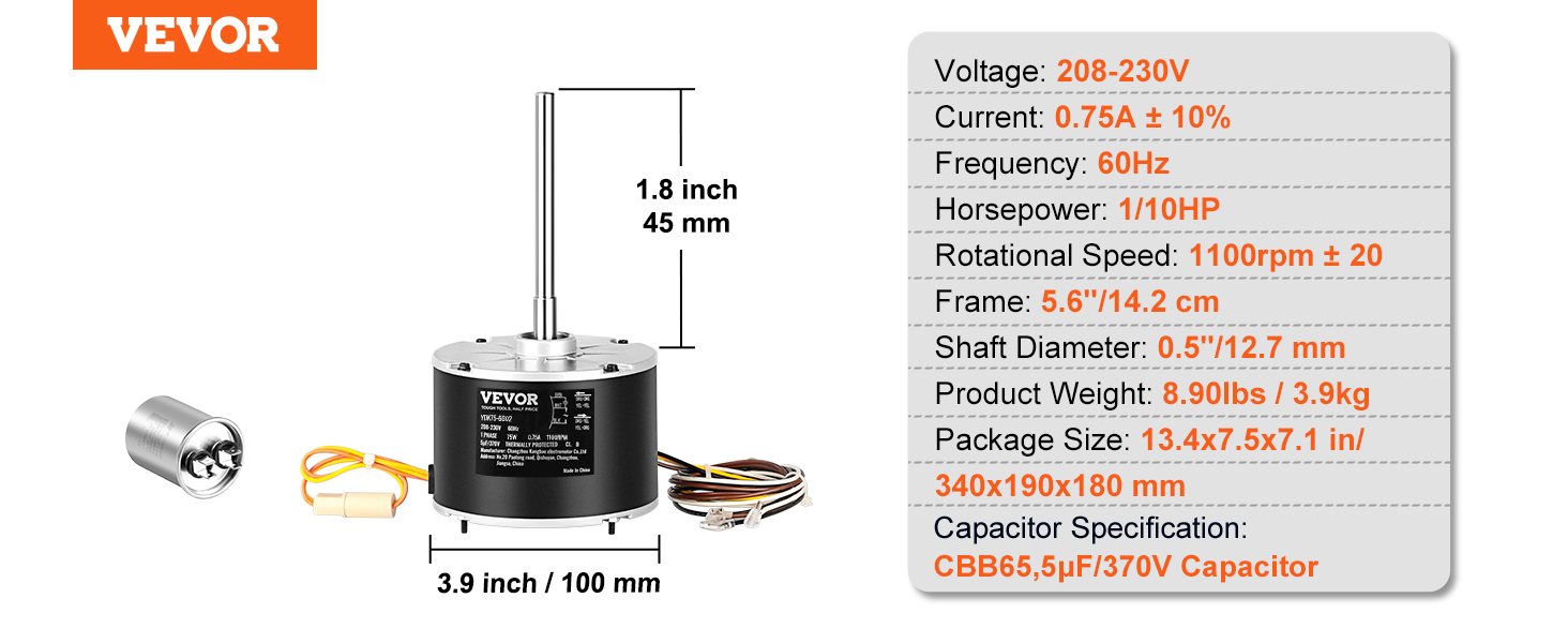Vevor Condenser Fan Motor 5kcp39bgs069s 5kcp39bgy915s 110 Hp 208 230v 1100rpm Oem Standard 2671
