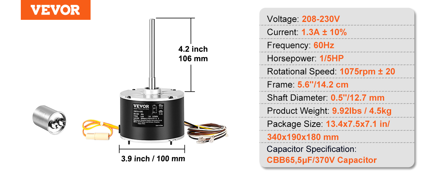 VEVOR Condenser Fan Motor 1/5HP 1075RPM 1.3A 208-230V K55HXJKL