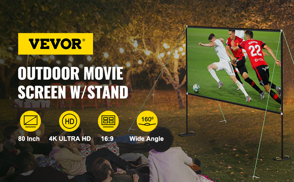 Outdoor Movie Screen w/ Stand,80 Inch & 16:9 HD,160° Wide Angle