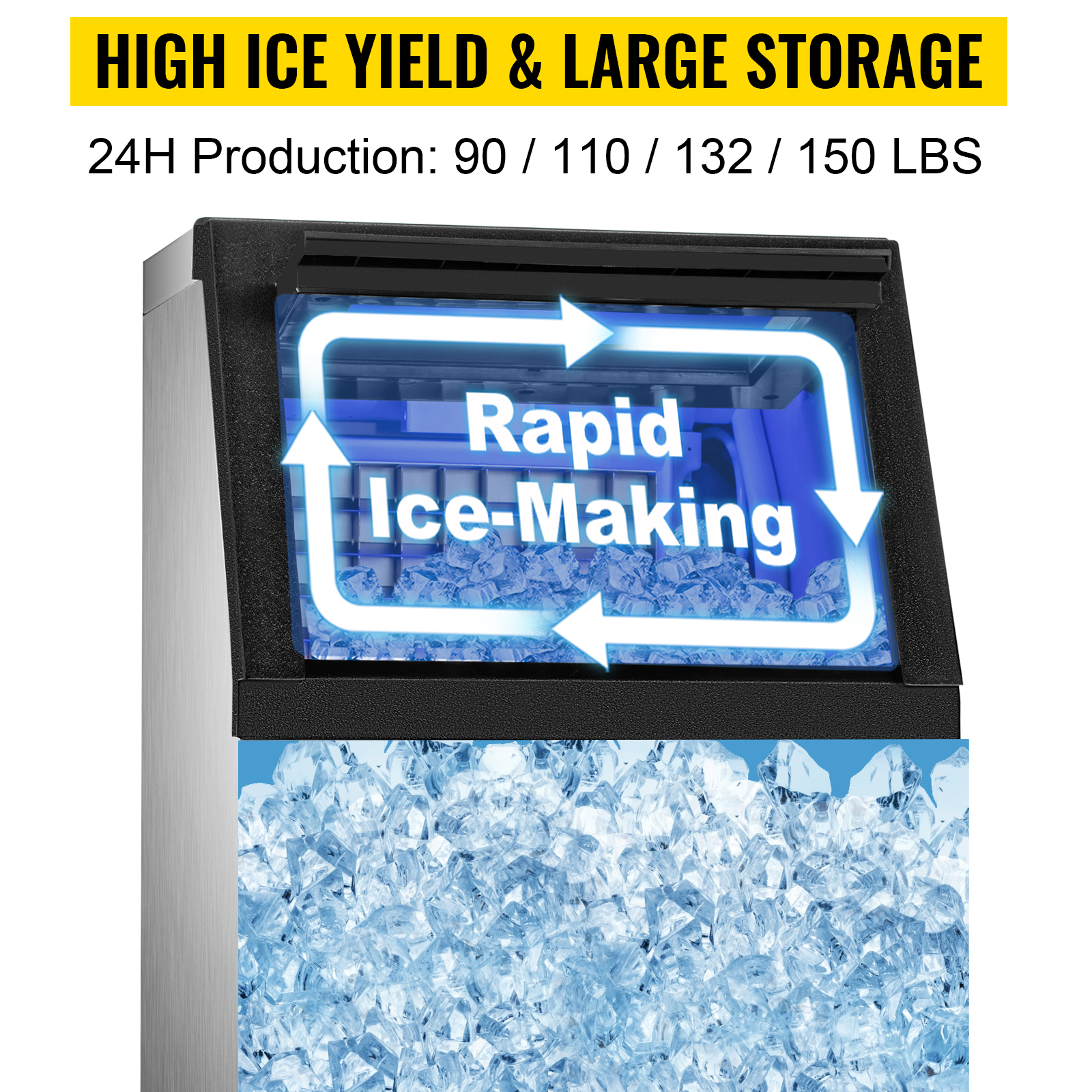 Commercial Ice Maker,90/110/132/150 LBS Yield,22 LBS Storage