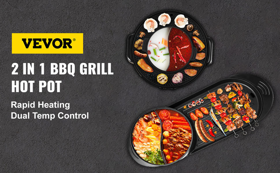 VEVOR 2 in 1 Electric Grill and Hot Pot, 2400W BBQ Pan Grill and Hot Pot