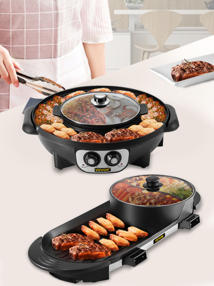 Mini Electric Grill and Hot Pot, 2 in 1 Portable Electric Hot Pot Barbecue  Grill Non-Stick Teppanyaki Pan 110V Multifunction Nonstick Griddle & Hot