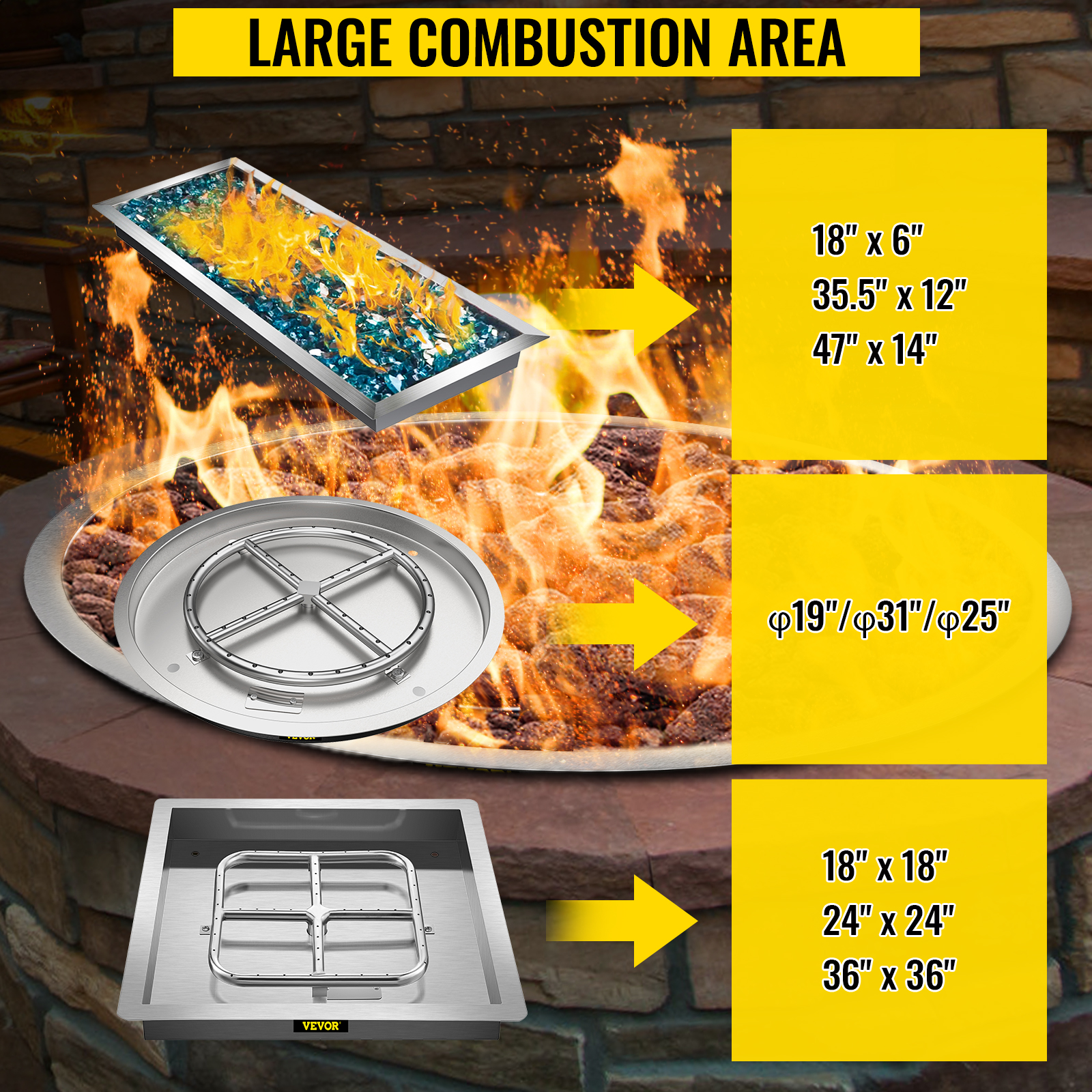 VEVOR Dropin Fire Pit Pan Gas Burner w/ Pan 18"/24"/36"/49" Stainless