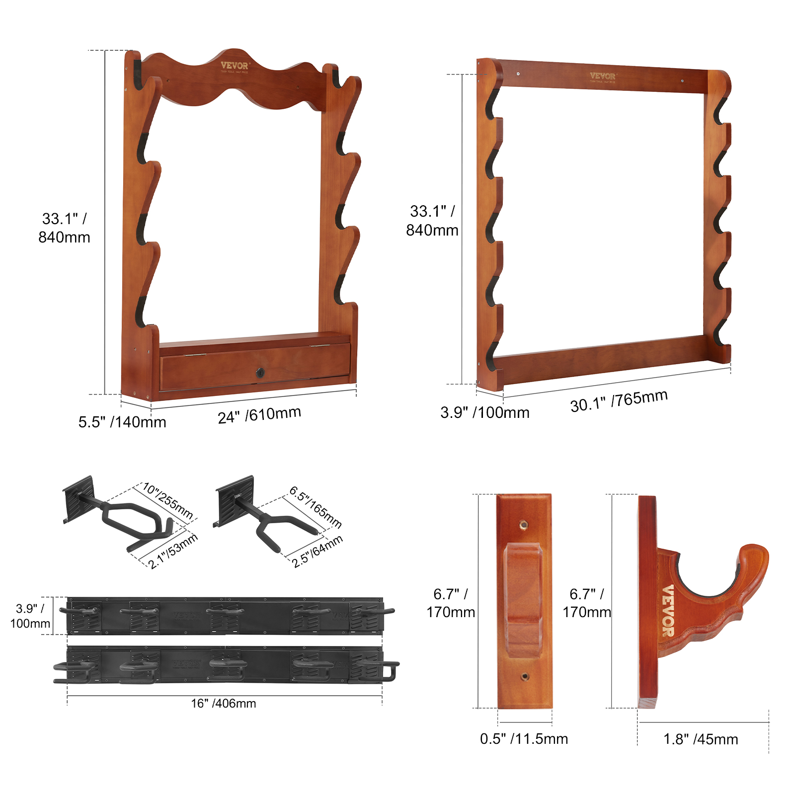 VEVOE Gun Rack Wood Metal Gun Rack Wall Mount Gun Display Racks Max 5 Guns