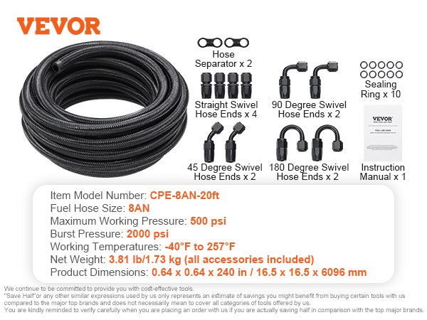 thumbnail image 2 of Uimoso 6/8/10AN Nylon Stainless Steel Braided Fuel Line Kit – 20/25 Ft, 12/15/7 PCS, CPE/PTFE Hose 2 of 5