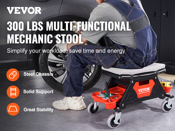 Donext Heavy Duty Mechanic Stool With Wheels - 330 LB Capacity, 3 Tool