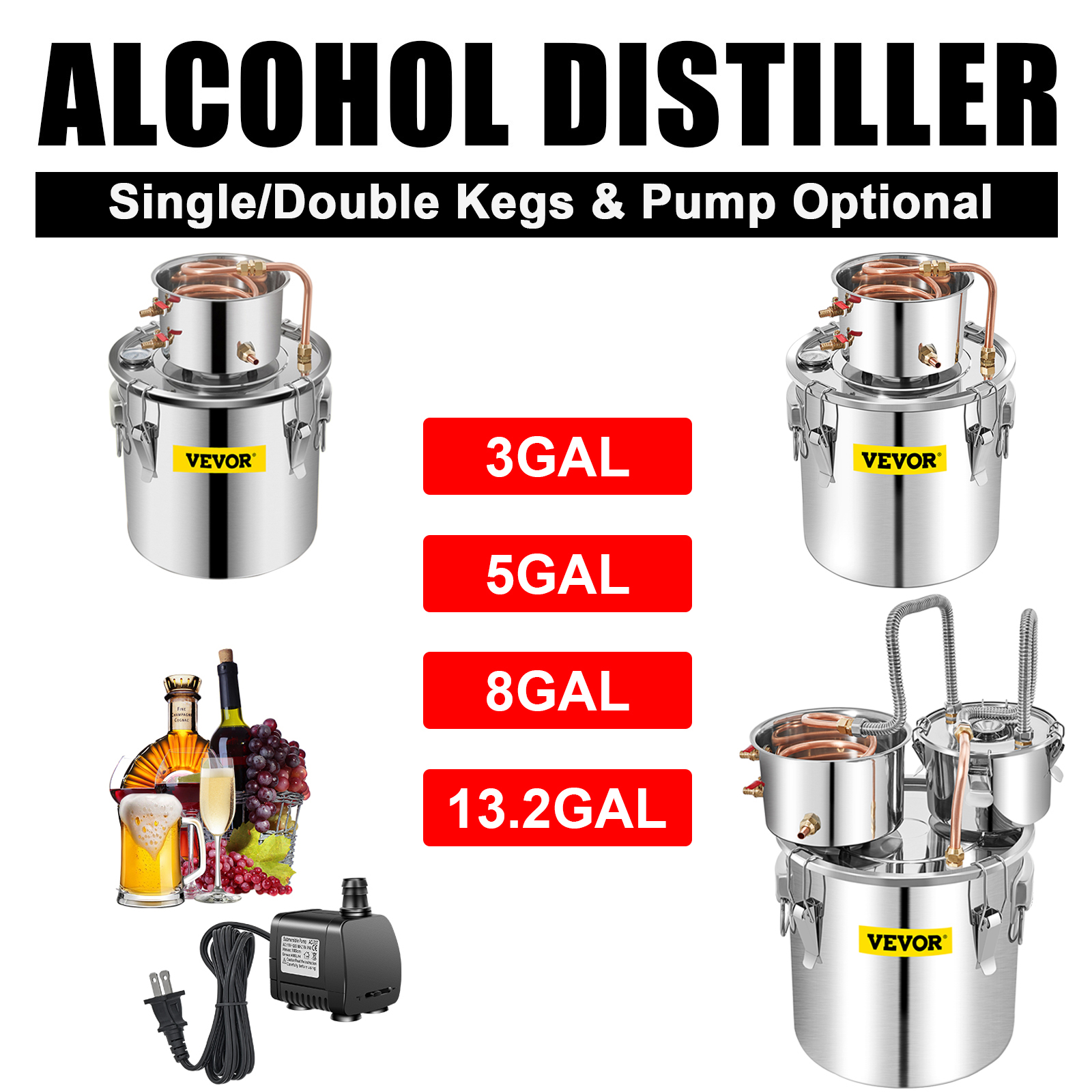 Water Alcohol Distiller,3/5/8/13.2 Gal,w/ Pump/Thumper Keg