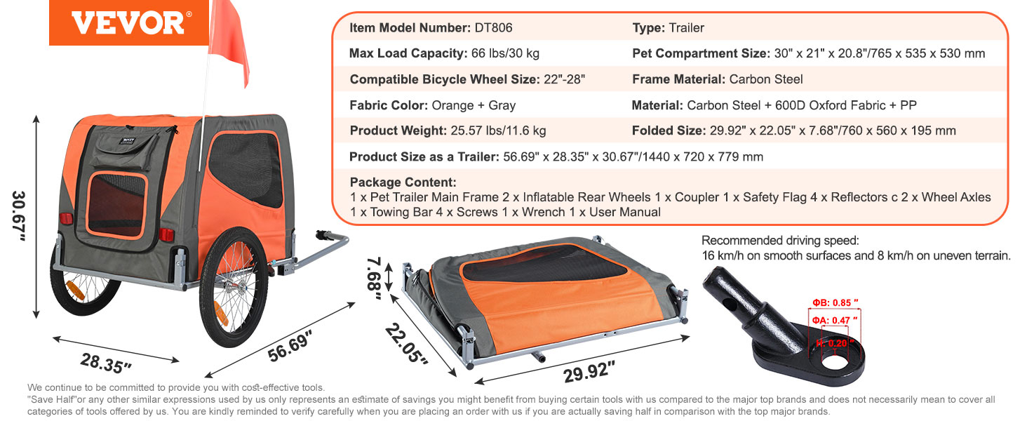 Pet bicycle trailer,66/88/100 lbs,carbon steel