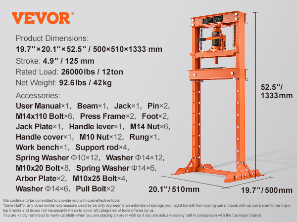 VEVOR Hydraulic Shop Press 12 Ton with Press Plates H-Frame