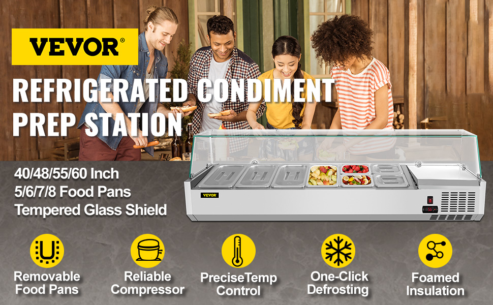 Countertop Refrigerated Prep Rail,40-60-inch,Glass Shield