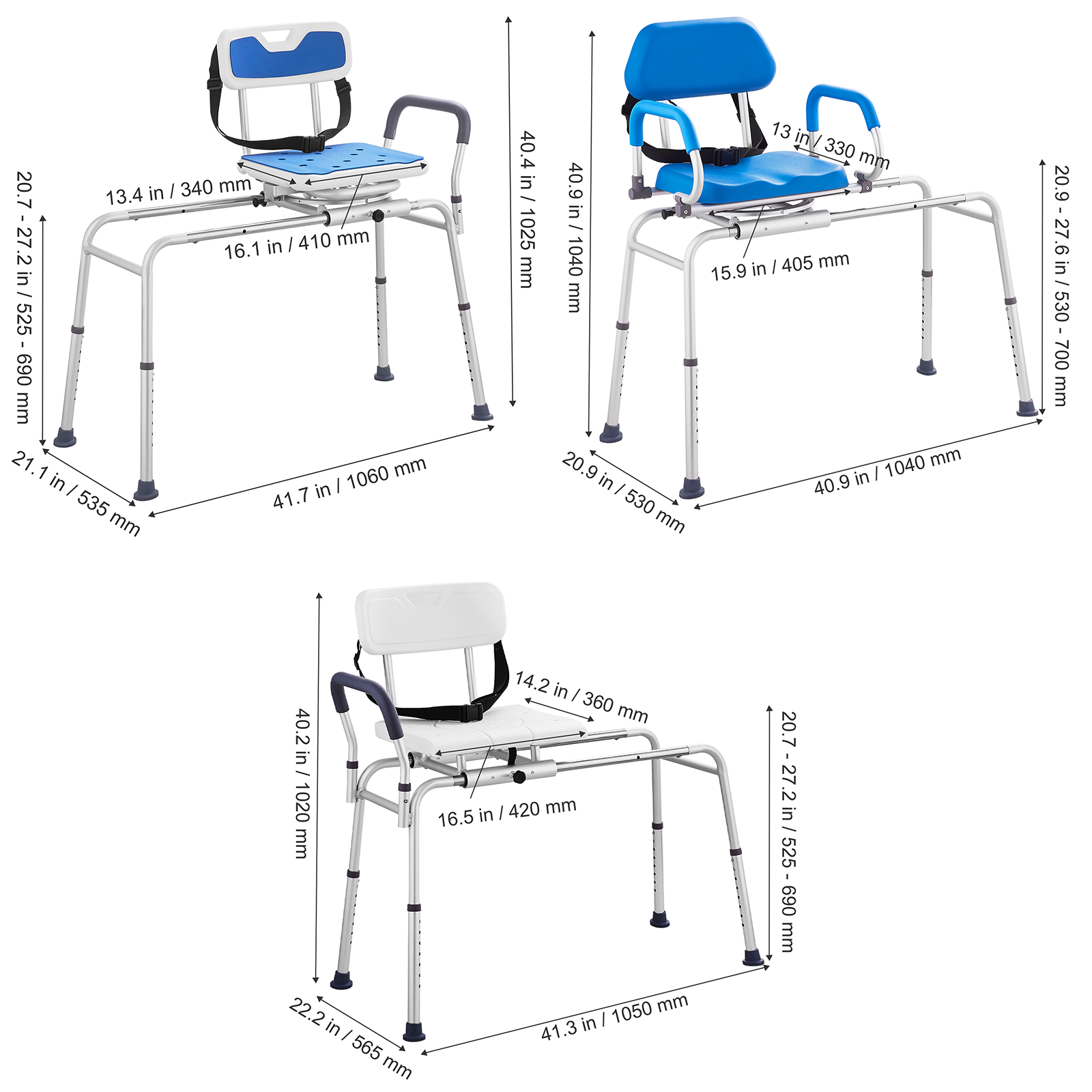 VEVOR Sliding Tub Transfer Bench Shower Chair w/360 Degree Swivel Seat 400/330LB