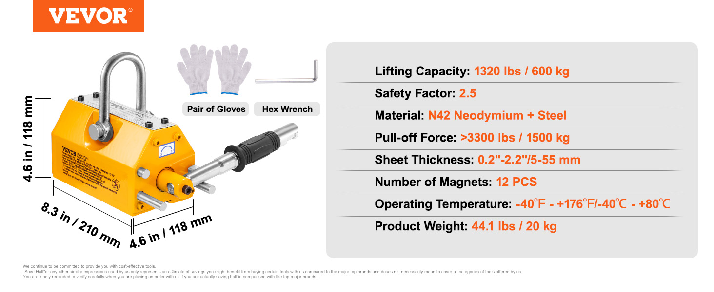 Magnetic lifter,1320 lbs/600 kg,2.5 safety factor