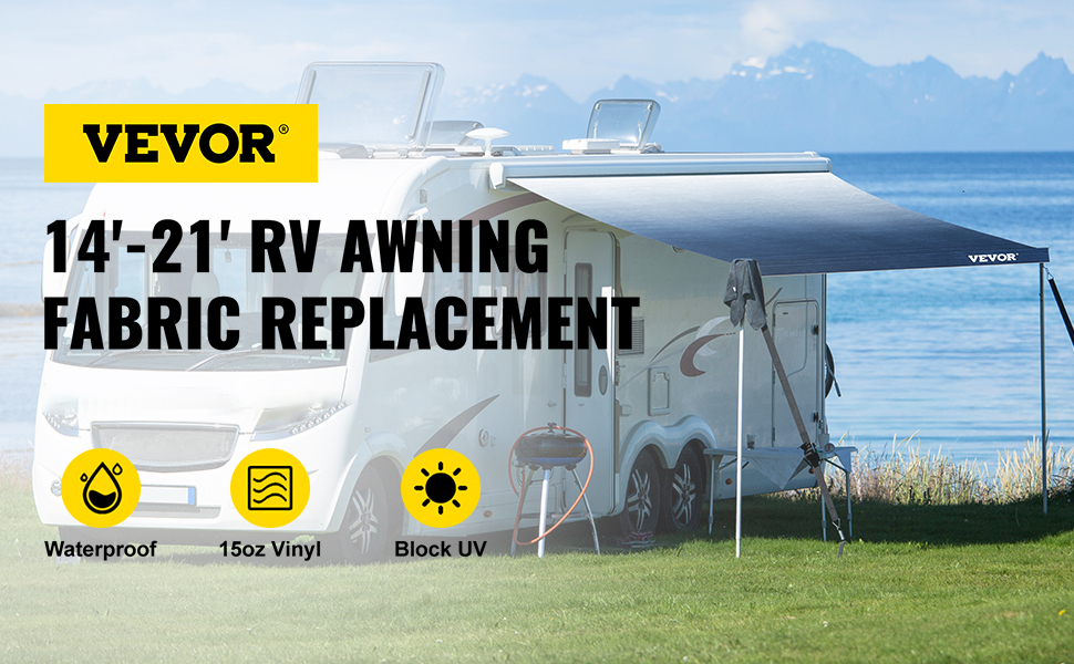 RV Awning,14-21ft,White/Blue/Gray/Brown/Charcoal