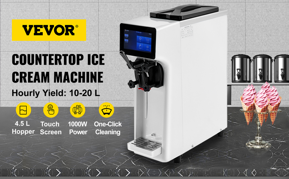 VEVOR Commercial Ice Cream Machine, 10-20l/h Yield, 1000W Countertop Soft Serve Maker with 4.5L Hopper 1.6L Cylinder Touch Screen Puffing Shortage