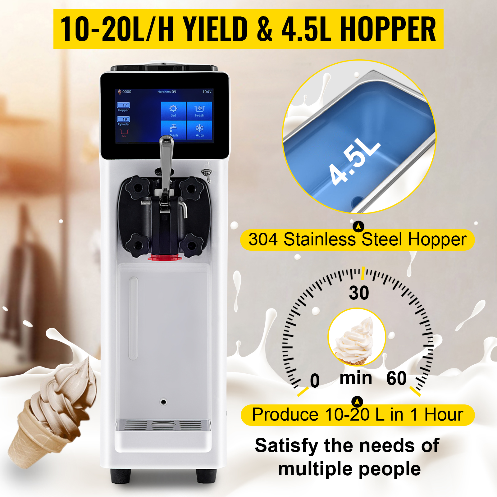 VEVOR Commercial Soft Ice Cream Machine Automatyczna maszyna do lodów 1000W 10-20L/h Biały