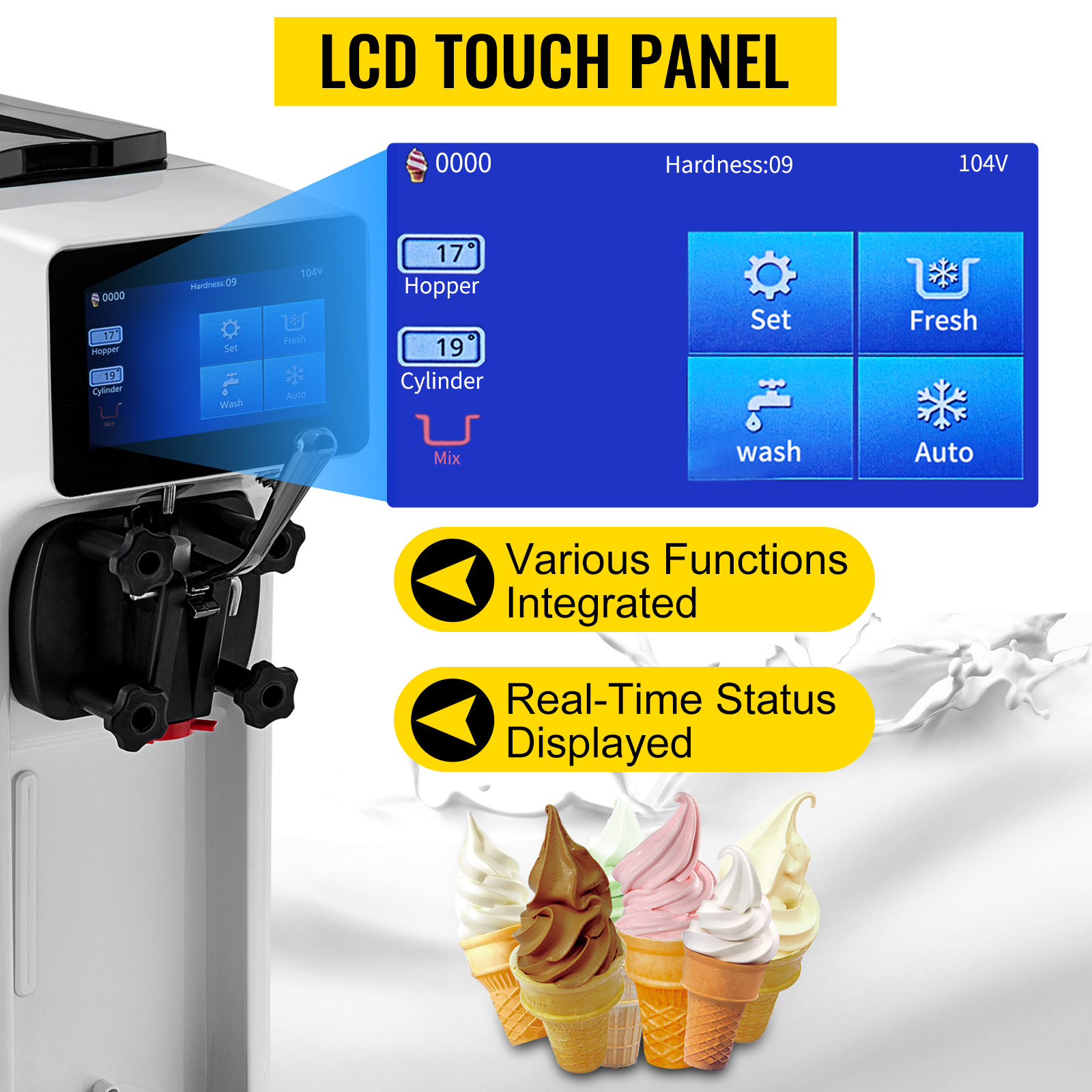thumbnail image 2 of VEVOR Commercial Ice Cream Maker, 22-30L/H Yield, 2200W Countertop Soft Serve Machine W/ 2x6L 2 of 10