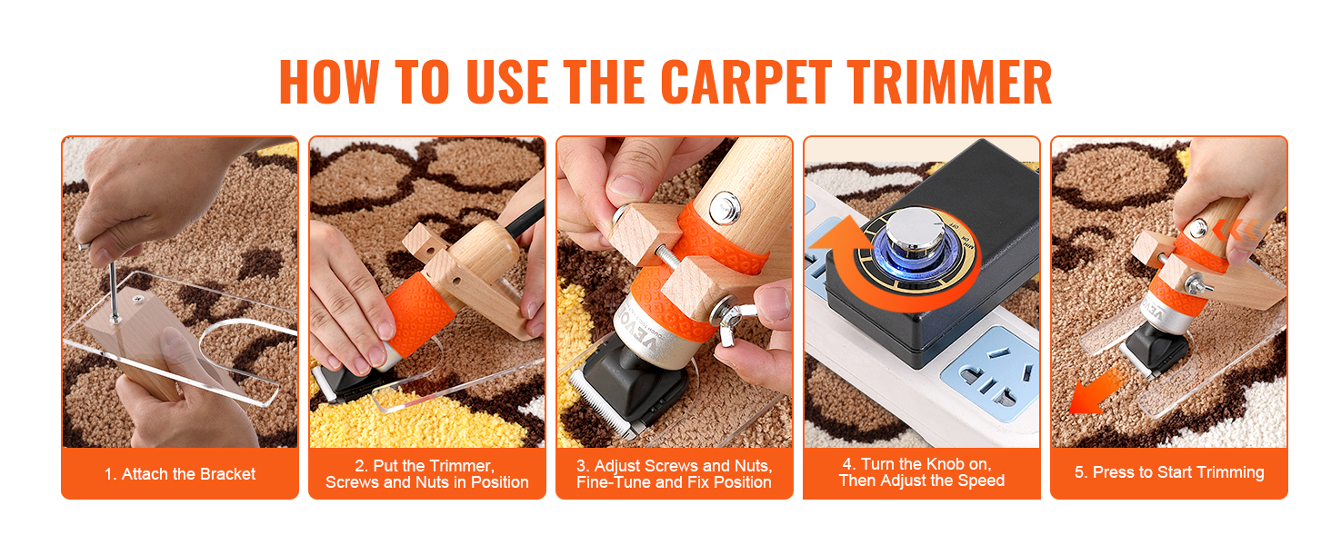 VEVOR Carpet Trimmer with Shearing Guide 200W Electric Speed Adjustable Rug Carver Tufting Shears with 2 Blades Wooden Handle Carpet Carving