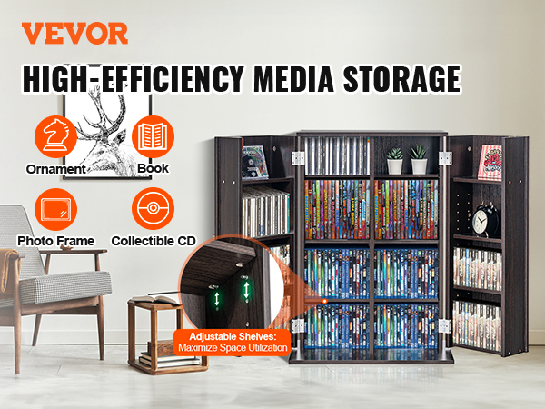 VEVOR Media Storage Cabinet 4 Layers Adjustable DVD Shelves 576